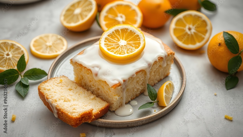 Cut tasty lemon cake with glaze and citrus fruits on light grey textured table Cut tasty lemon cake with glaze and citrus fruits on light grey textured table