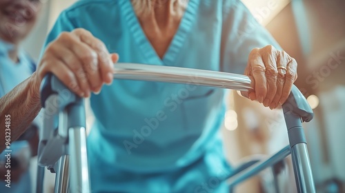 Cropped image of nurse helping senior woman to walk with walker at home Walking movement disability impairment handicapped person Senior life concept : Generative AI