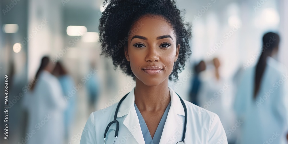 AI-generated image of a confident African American female doctor in uniform, standing in a hospital with blurred colleagues. AI-generated image of a confident African American female doctor in uniform, standing in a hospital with blurred colleagues.