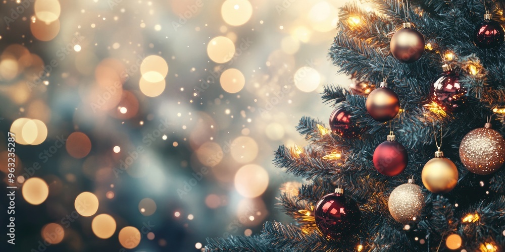 Christmas tree adorned with baubles and surrounded by blurred, sparkling lights. Christmas tree adorned with baubles and surrounded by blurred, sparkling lights.