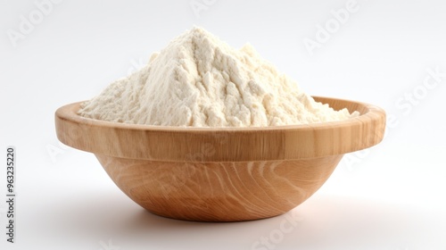 A close-up photorealistic image of a heap of fine cornflour spilling out of a wooden bowl