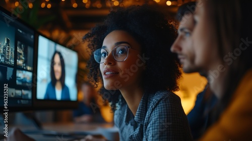 A lively and productive team meeting is captured where colleagues are connected via a large screen showcasing a blend of inperson and remote collaboration Virtual meeting concept : Generative AI photo