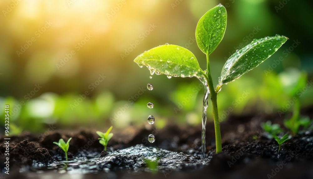 A close-up of a young seedling sprouting from the ground, being watered by a gentle stream of water. Sunlight shines through the leaves. A close-up of a young seedling sprouting from the ground, being watered by a gentle stream of water. Sunlight shines through the leaves.