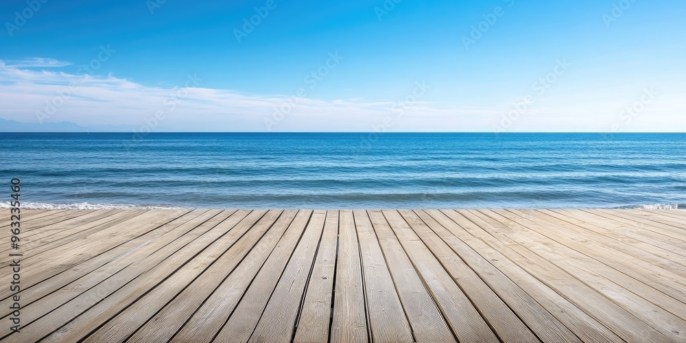 Wooden deck extending over a sandy beach, with the calm sea and blue sky in the background. Ideal for product displays. Wooden deck extending over a sandy beach, with the calm sea and blue sky in the background. Ideal for product displays.