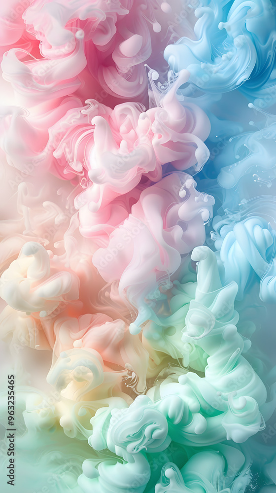 Fototapeta premium Whimsical pastel rainbow background with cotton candy pink and green swirls creating a soft and airy feel