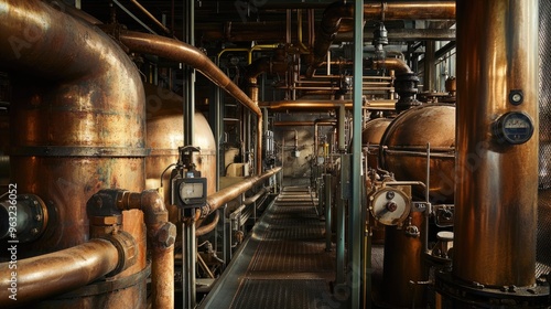 Copper pipes twist and turn in a factory mechanical room, surrounded by boilers in this industrial setting