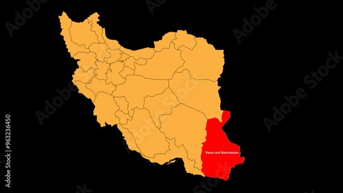 Sistan and Baluchestan map animated video. Location is highlighted on the Iran map. Colour map of  Sistan with a transparent PNG background in video format.	 photo