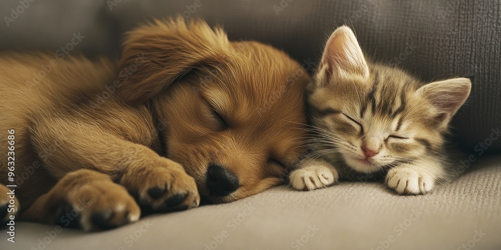 A puppy and kitten snuggled up together, sound asleep. A puppy and kitten snuggled up together, sound asleep.