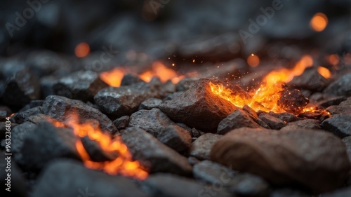 The image is a close up of a rocky surface with a lot of fire and sparks.