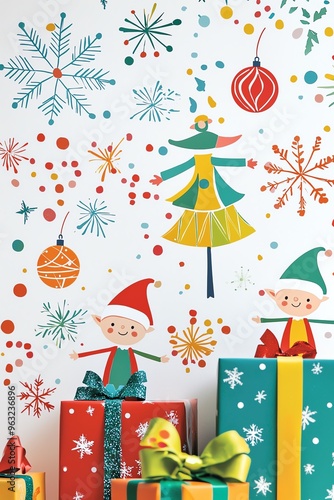 Colorful Christmas wallpaper with elves, snowflakes, and presents.