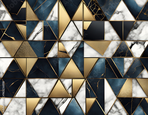 Abstract geometric background, modern marble mosaic inlay Blue gold geometric Abstract geometric background