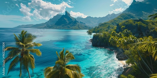 Fototapeta Naklejka Na Ścianę i Meble -  Tropical Beach Palm Trees, Caribbean Island Getaways, Clear Blue Caribbean Seas