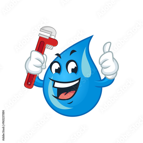 Happy water drop plumber mascot character holding an adjustable wrench.