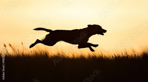 A silhouette of a dog running, capturing a sense of movement and energy. photo