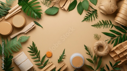 A minimalistic flat lay showcases a white paper bag with eco-friendly toothbrushes surrounded by green spruce branches, emphasizing a zero waste lifestyle and natural products