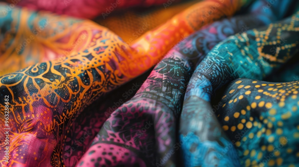 A close-up shot of a batik-dyed fabric, showcasing the intricate patterns and vibrant colors achieved using wax resist A close-up shot of a batik-dyed fabric, showcasing the intricate patterns and vibrant colors achieved using wax resist