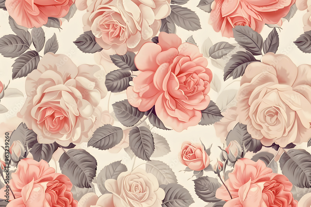Charming floral pattern with roses in pink and cream shades Charming floral pattern with roses in pink and cream shades