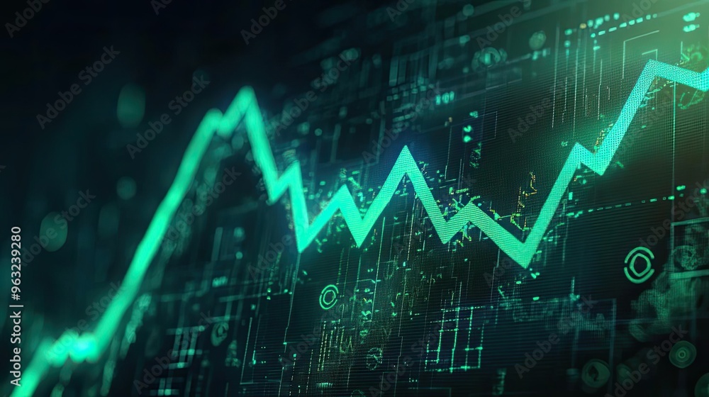 Visual representation of financial growth with a dynamic green graph overlaid on a digital background. Visual representation of financial growth with a dynamic green graph overlaid on a digital background.