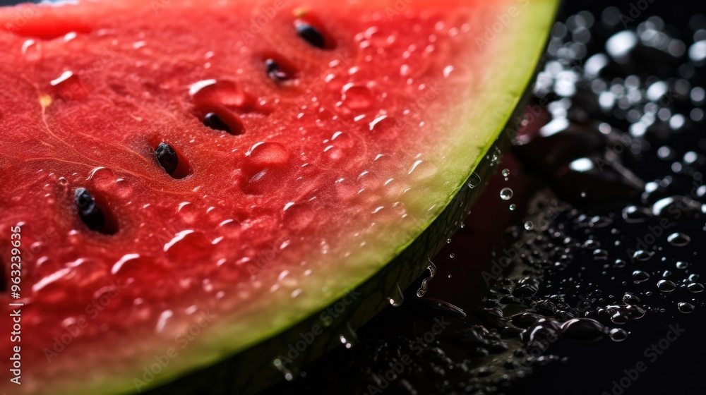 A close-up shot of a refreshing watermelon slice with juicy red flesh and black seeds, droplets of water glistening on the surface A close-up shot of a refreshing watermelon slice with juicy red flesh and black seeds, droplets of water glistening on the surface
