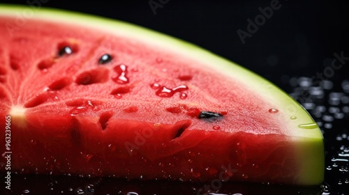 A close-up shot of a refreshing watermelon slice with juicy red flesh and black seeds, droplets of water glistening on the surface
