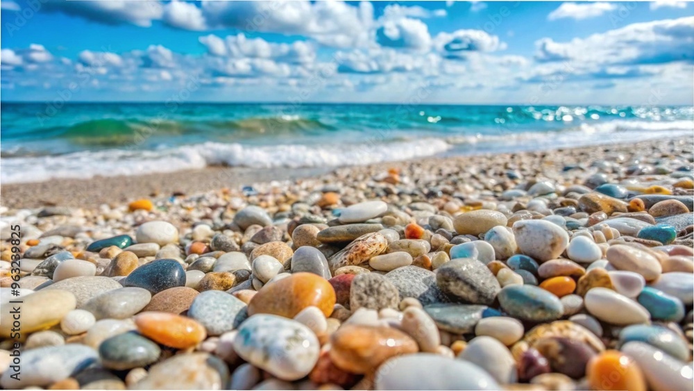 A close-up of smooth pebbles scattered on a sandy beach, showcasing natural textures and colors A close-up of smooth pebbles scattered on a sandy beach, showcasing natural textures and colors
