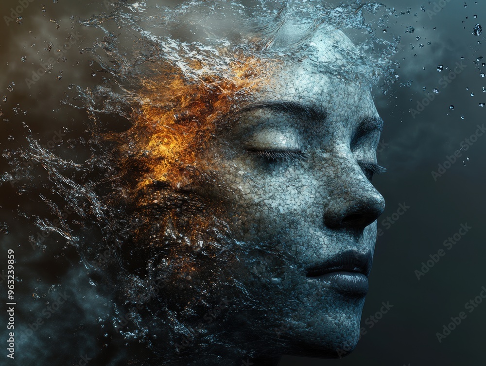 Surreal Digital Art of a Woman's Face Blending with Water and Fire Elements in a Dreamlike State Surreal Digital Art of a Woman's Face Blending with Water and Fire Elements in a Dreamlike State