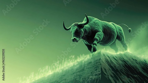 A powerful bull charging forward, emanating a vibrant green glow, symbolizing strength and vitality in nature. photo