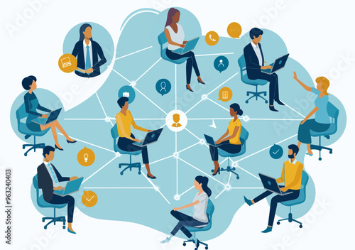 Collaborative Business Team in Online Teleconference Network Working Remotely Discussion on Laptops Minimalistic Vector Illustration