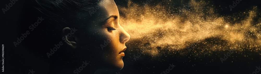 Enchanting Profile of Woman with Golden Dust Particles in Dark Background, Capturing Magic and Mystery Enchanting Profile of Woman with Golden Dust Particles in Dark Background, Capturing Magic and Mystery