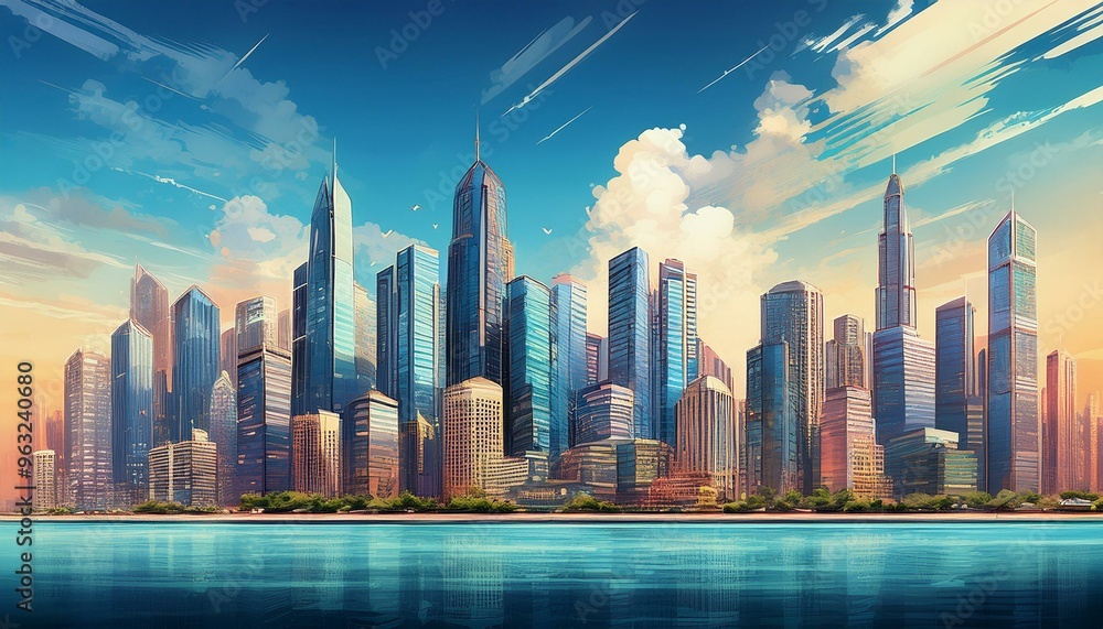 Fototapeta premium A city full of skyscrapers, tall buildings by the body of water