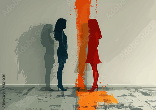 Couple Disagreement Concept Illustration - Two Silhouetted Figures Facing Each Other Divided by Color Contrast, Expressing Conflict of Opinion, Minimalistic Vector at Daytime