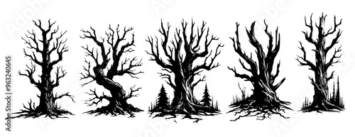 leafless trees vector illustration set isolated. dead spooky trees collection. scary, spooky, dead, dried, death concept.