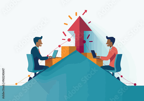 Business Growth Concept Two Businesspeople at Desks with Laptops Rising Arrow Profits Minimalistic Vector Illustration