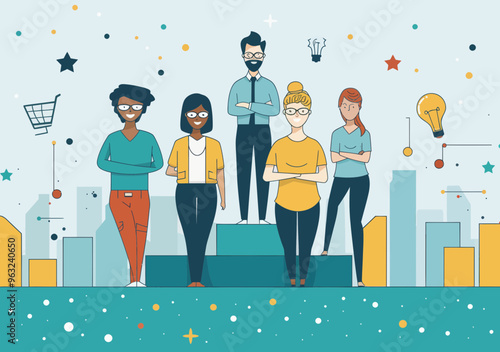 Success and Achievement: Top Office Team on Award Podium, Celebrating Best Business Performance and Employee Recognition with Modern Vector Illustration