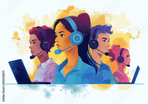 Vibrant Vector Illustration of Online Technical Support Team with Headsets Providing Customer Service in Call Center