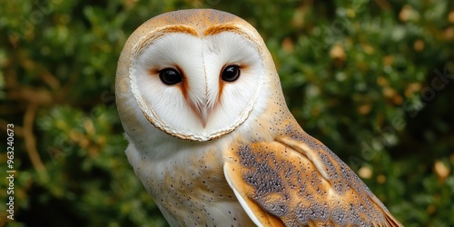 a common barn owl (Tyto alba), showcasing its distinctive features.