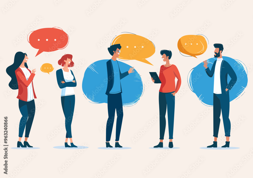 Business People Engaging in Conversation within Speech Bubbles Vector Illustration for Communication and Collaboration Concepts Business People Engaging in Conversation within Speech Bubbles Vector Illustration for Communication and Collaboration Concepts