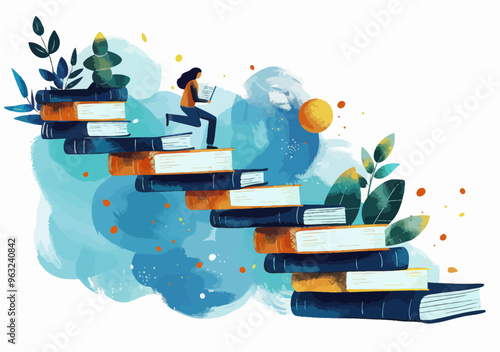 Steps to Knowledge: Minimalistic Vector Illustration of Person Climbing Stack of Books in Minimalist Style