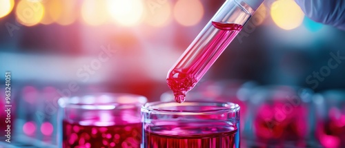 Laboratory scene with a pipette transferring vibrant pink liquid into a glass container, showcasing chemical research and experimentation.