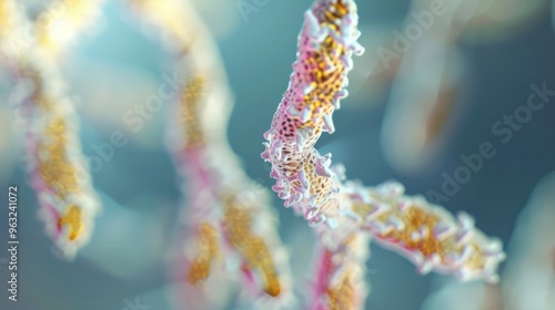 A close-up view of a human chromosome, with its distinctive banding pattern, under a microscope. photo