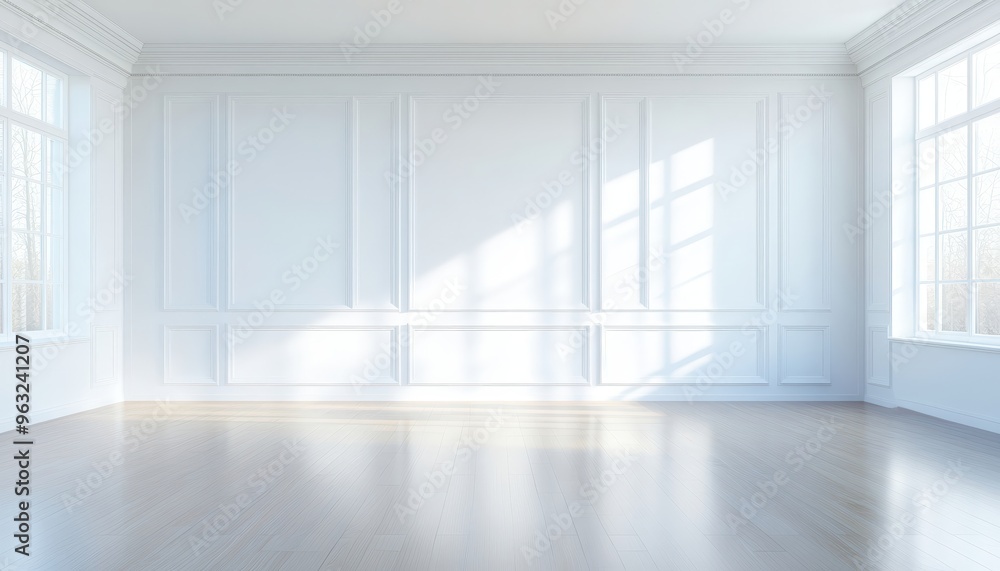 A large, empty room with white walls and wooden floors A large, empty room with white walls and wooden floors