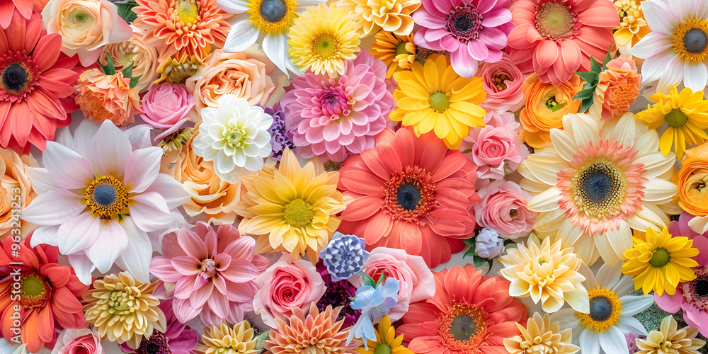 Bold sunflowers, dahlias, and peonies in a vibrant floral pattern on a soft background creating a graceful design Bold sunflowers, dahlias, and peonies in a vibrant floral pattern on a soft background creating a graceful design