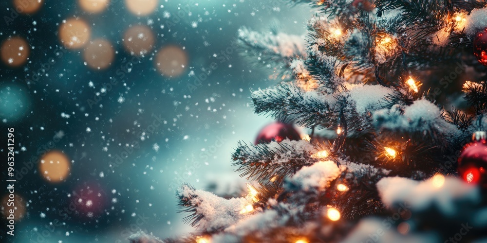 Fototapeta premium Blurred Christmas winter background featuring a snow-decorated tree with garland lights. Ideal for holiday-themed widescreen designs.