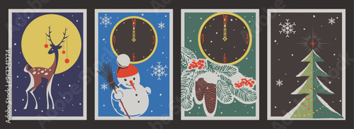 Merry Christmas and Happy New Year Retro Style Greeting Cards. XMAS Decorations, Spruce Branch, Fir Cones, Snowman, Reindeer, Wall Clock, Snowflakes. 1950s - 1960s Style Christmas Illustrations