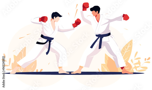 Karate combat between two man dressed in white uniform. Flat design illustration banner