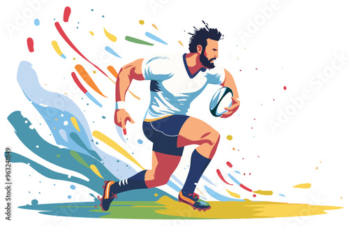 Rugby player with colorful splashes of colors as background. Minimalist illustration banner