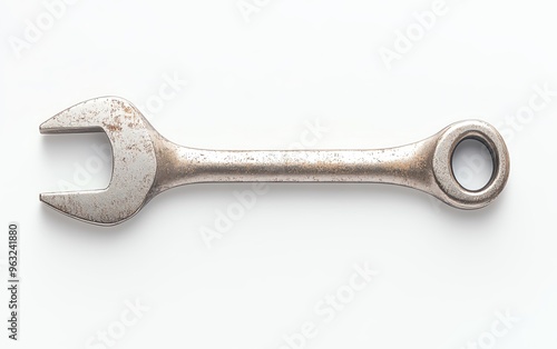 A close-up of a vintage metal wrench resting on a white background, representing tools and mechanical work essentials.