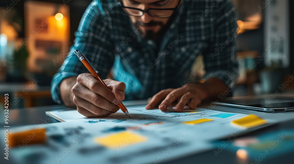 Man sketching and planning ideas on paper, deeply focused on his creative project, using pencils and markers in a cozy, inspiring workspace. Man sketching and planning ideas on paper, deeply focused on his creative project, using pencils and markers in a cozy, inspiring workspace.