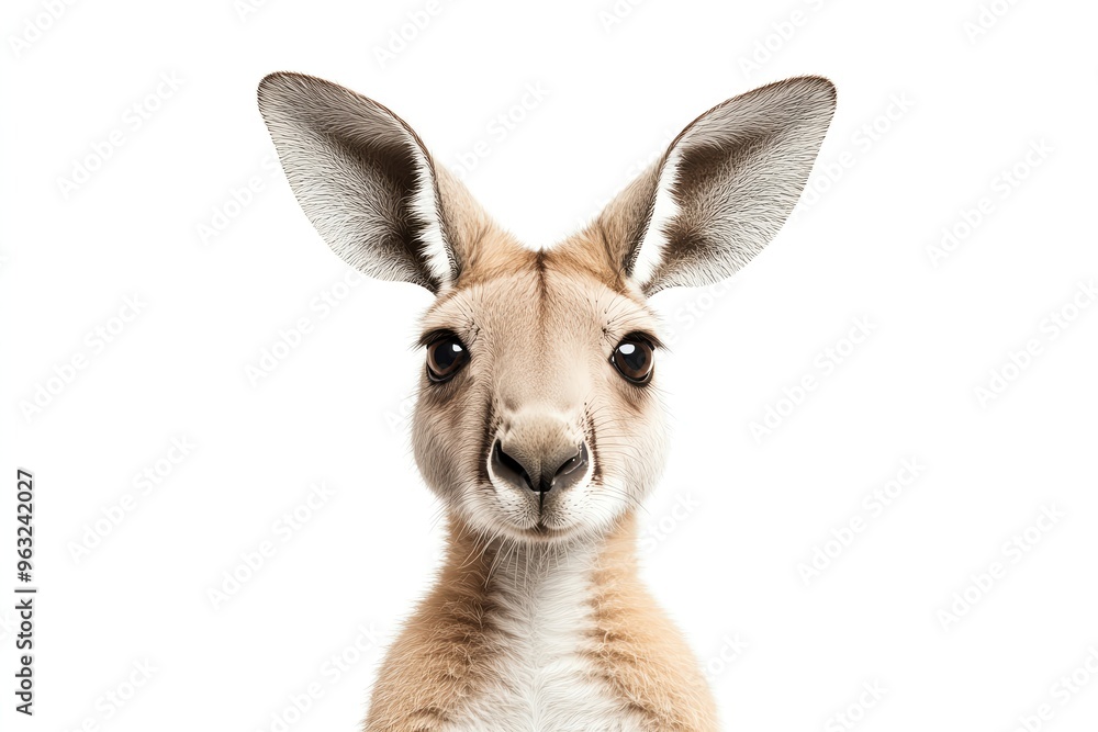 A close-up portrait of a kangaroo with big ears and bright expression, showcasing its unique features against a white background. A close-up portrait of a kangaroo with big ears and bright expression, showcasing its unique features against a white background.