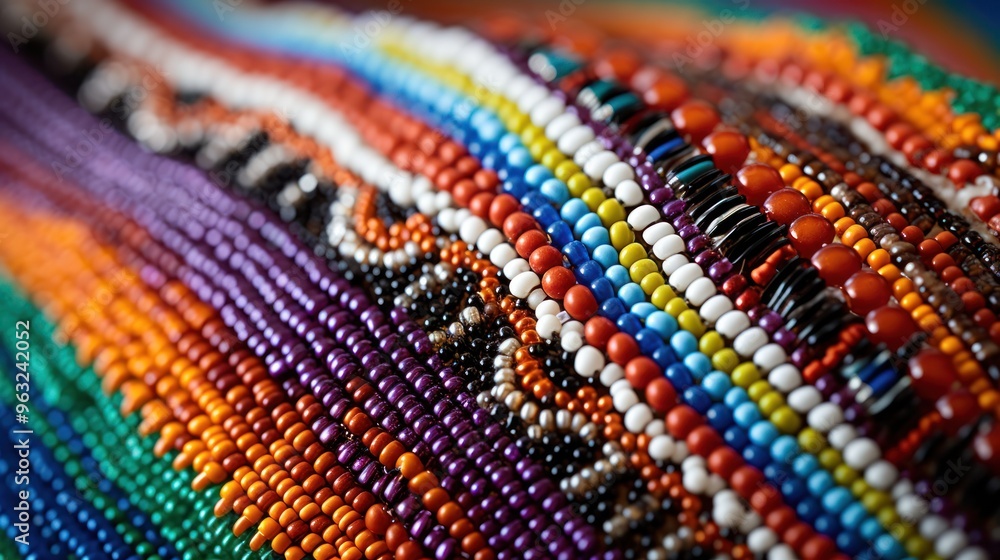 A close-up view of a Native American beadwork, showcasing the intricate arrangement of colorful beads, the intricate patterns they create, and the cultural significance they hold. A close-up view of a Native American beadwork, showcasing the intricate arrangement of colorful beads, the intricate patterns they create, and the cultural significance they hold.